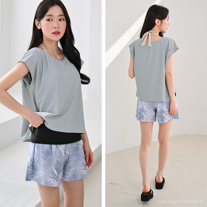 水着 レディース 体型カバー インナー一体型半袖 トップス