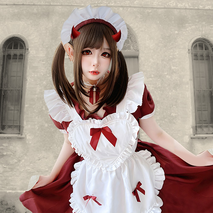 ハロウィン コスプレ メイド服 ロング メイド 衣装 洋館メイド コスチューム コスプレ衣装 可愛い 半袖 レッド ブラック ウェイトレス レトロ｜yumeline｜03