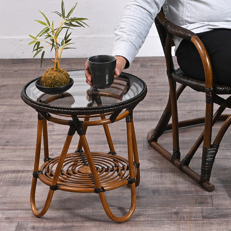 軽いラタン 和風ガラステーブル 熟練職人の手編み 昭和レトロ家具 