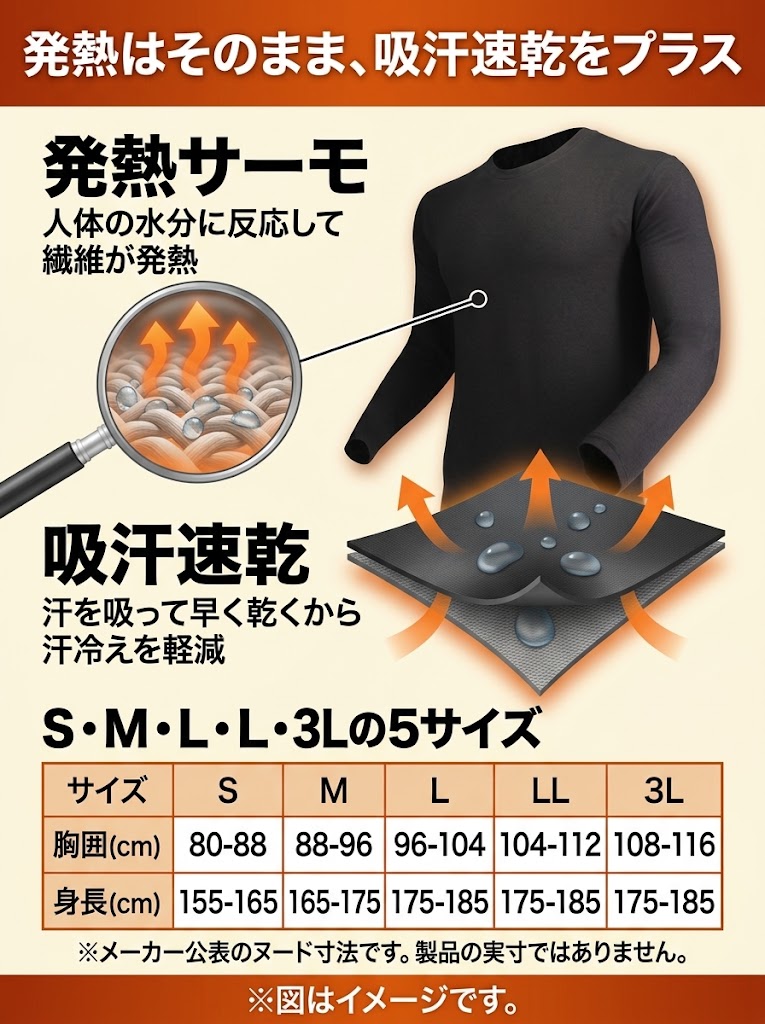JW-155 発熱サーモ 吸汗速乾 ability score ストレッチ4 速乾4 吸汗3 サイズ表 実寸 サイズの選び方 ボディタフネス