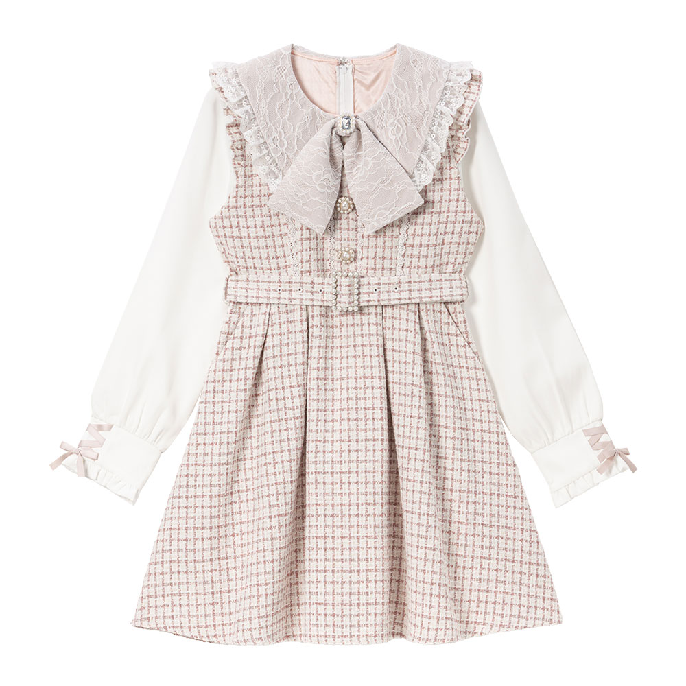 リボン襟風レースビジューツイードワンピース リボン ビジュー  