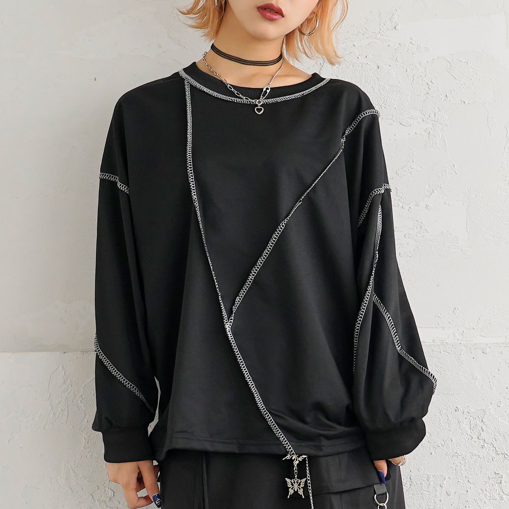 配色ラインデザインクルーネックカットソートップス Tシャツ カットソー トップス レディース 長袖 サブジラ ギャル Diable baiser 夢展望