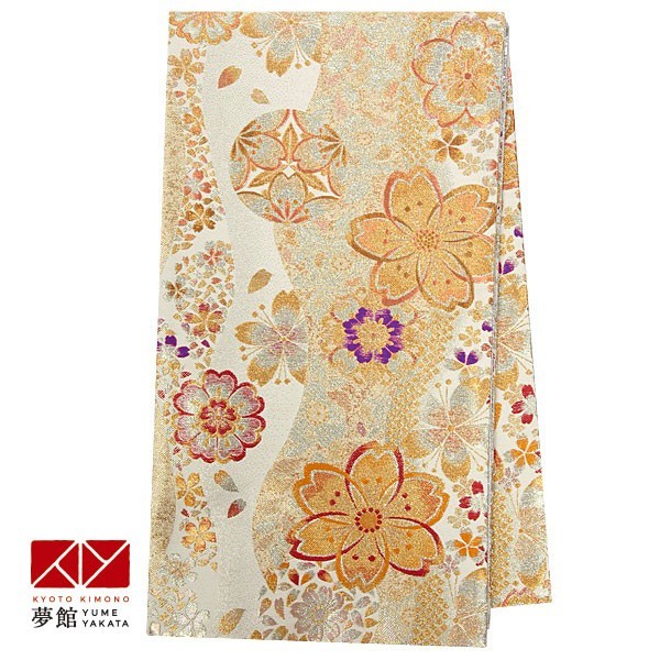 帯 レンタル 正絹 振袖用帯 白金 流水に桜と華文 B1288 : b1288 : 京都 