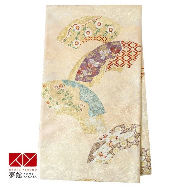 帯 レンタル 正絹 訪問着用帯 金 波に草花と割付模様の地紙 B1685