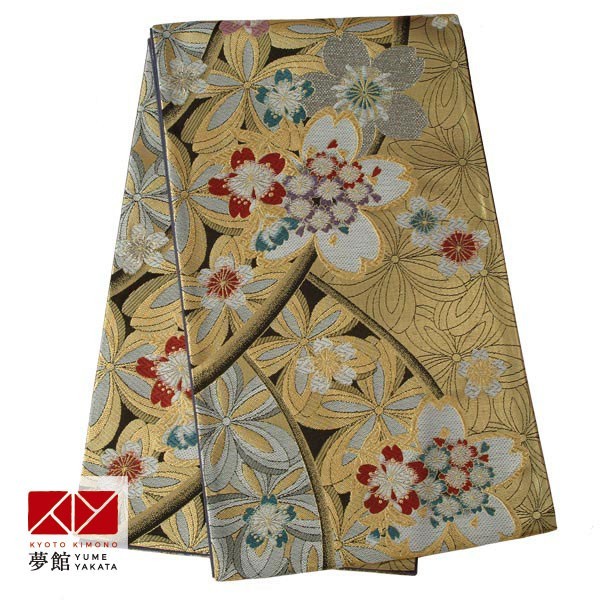 帯 レンタル 正絹 振袖用帯 金 流線に桜 B227 : 京都着物レンタル夢館