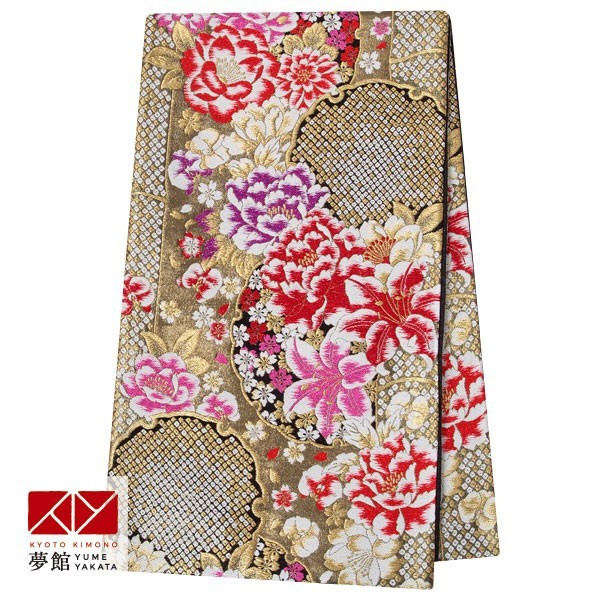 帯 レンタル 正絹 振袖用帯 金 牡丹と百合に雪輪と竹 B928 : 京都着物