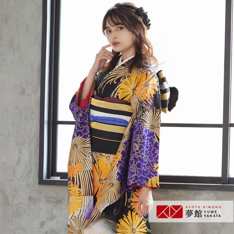 MURUA（ムルーア） 振袖レンタル 黒 牡丹に菊花(絹) 成人式 結婚式