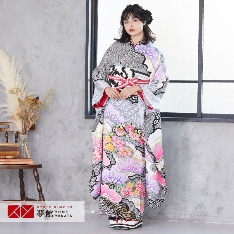 振袖レンタル 黒 疋田雲取松文様(絹) 成人式 結婚式 一点物 対応身長