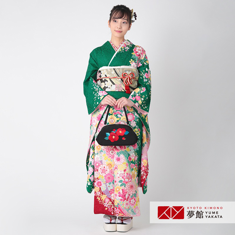振袖 レンタル 成人式 結婚式 緑 桜熨斗に牡丹(絹) 一点物12月〜1月