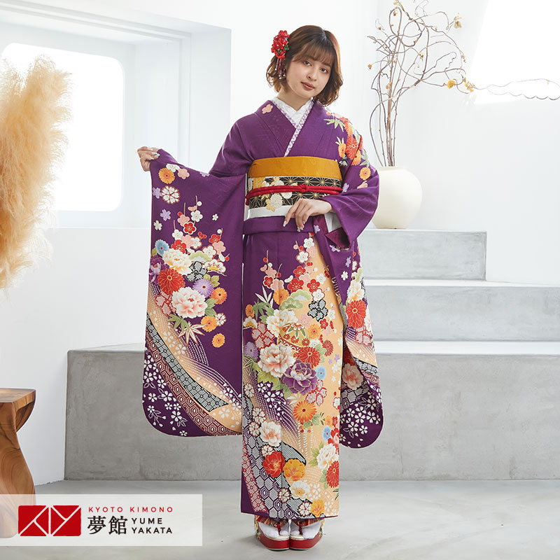 振袖レンタル 紫 牡丹と松竹梅(絹) 成人式 結婚式 一点物 対応身長154