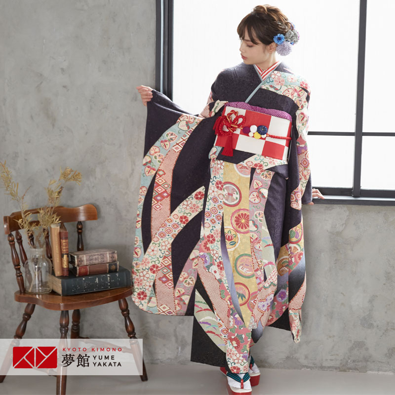 振袖 レンタル 成人式 結婚式 濃紫黒 丸紋疋田熨斗(絹)(宅) 一点物 12
