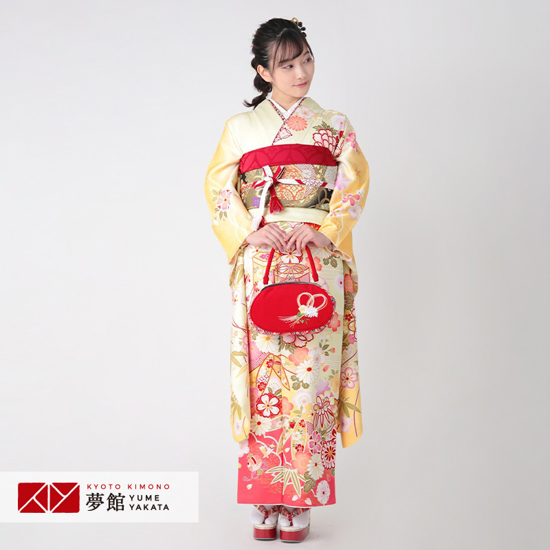振袖 レンタル 成人式 結婚式 黄 吉祥菊牡丹に貝桶(絹)(R873)12月〜1月