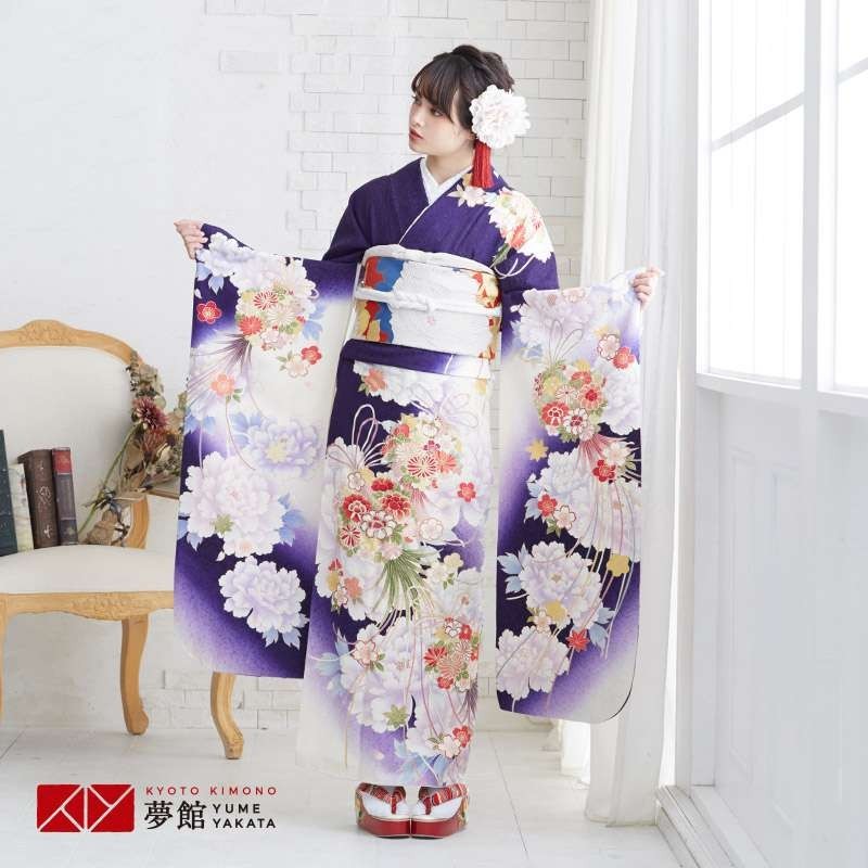 振袖 レンタル 成人式 結婚式 白×紫 牡丹に薬玉文様（絹）12月〜1月
