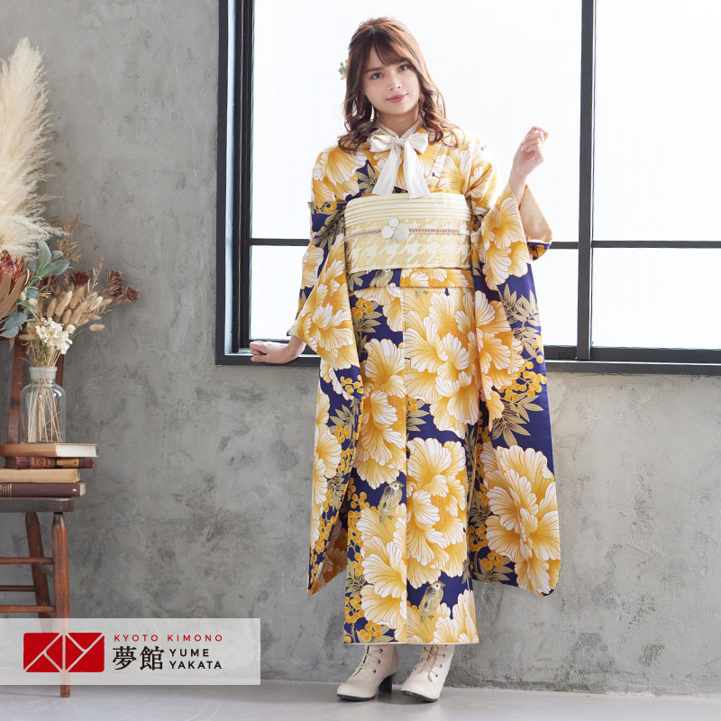 振袖レンタル 紺 牡丹に鳥 成人式 結婚式 対応身長154〜165cm 2〜11月