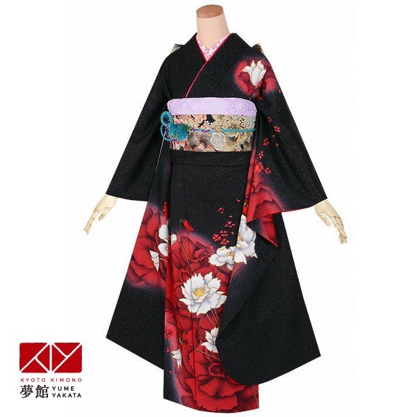 成人式各種式典卒業式にゆったりサイズ黒赤バラ花文様白ファ付き7セット 定価58500円セール開催中！振袖 レンタル 成人式 結婚式 黒 赤