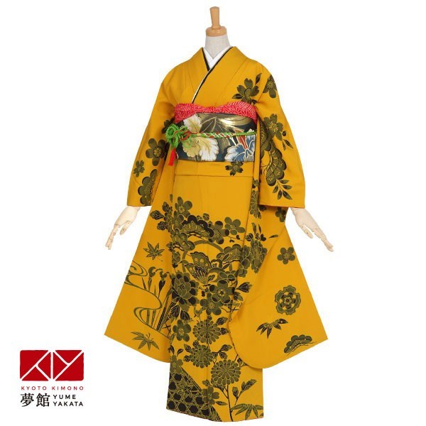 振袖 花柄 黄色 絹 振袖レンタル 金茶 墨絵 四季草花(絹) 成人式 結婚式 一点物 対応身長
