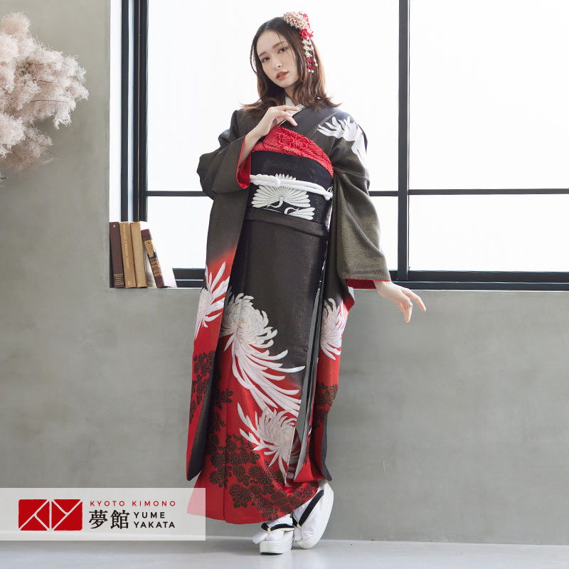 振袖 レンタル 成人式 結婚式 黒赤 白菊(絹) 一点物 12月〜1月 振袖 レンタル 成人式 結婚式 黒赤 白菊(絹) 一点物 12月〜1月