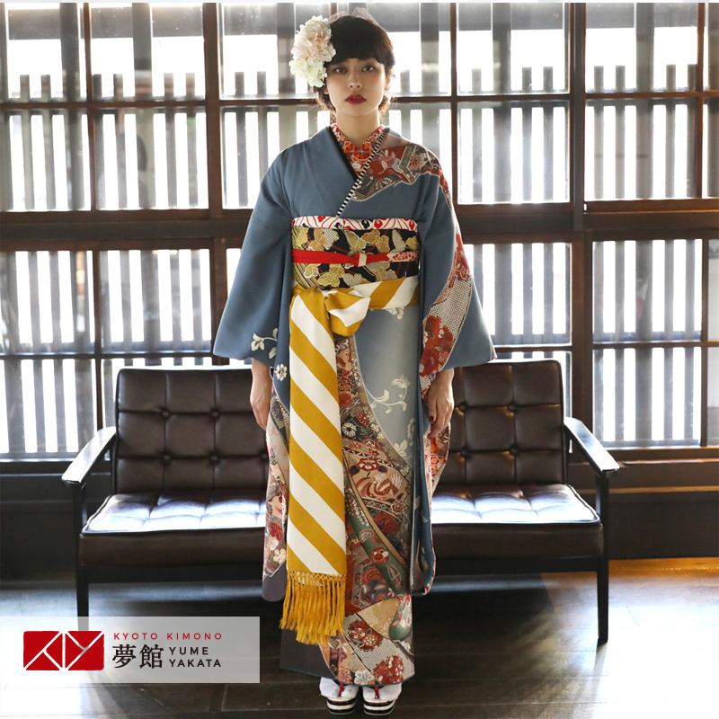 振袖 レンタル 成人式 結婚式 グレー 熨斗に唐花(絹)(宅) 一点物12月