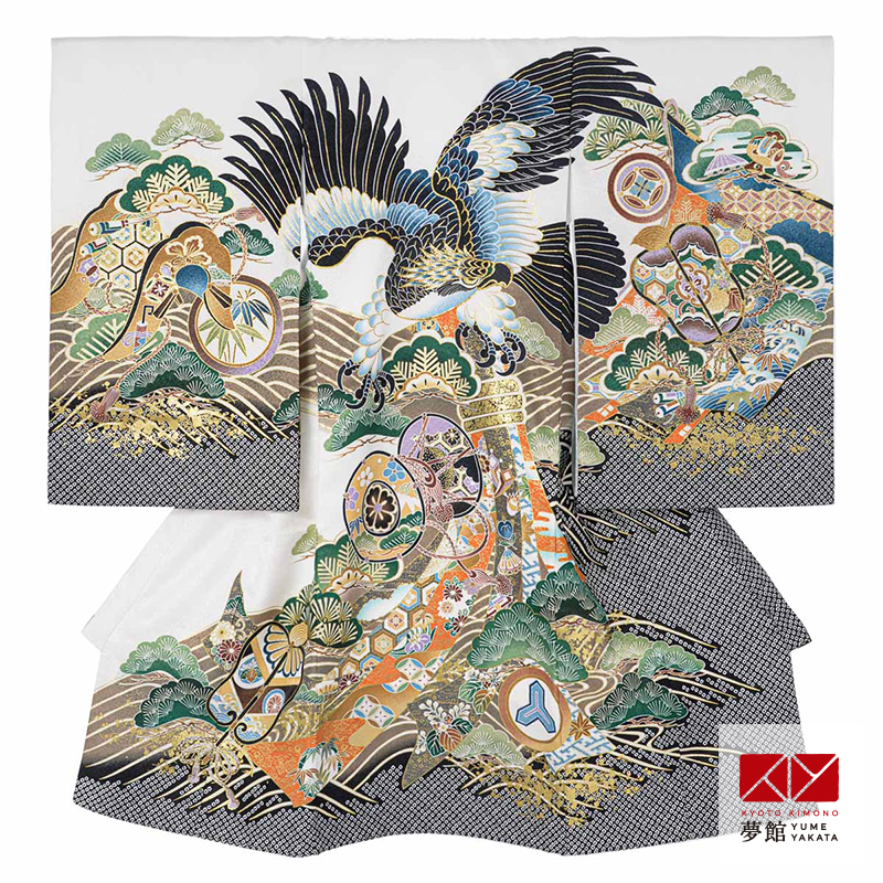 産着 お宮参り 着物 レンタル 男の子 白 鷹に鼓と熨斗目 のしめ 祝い着