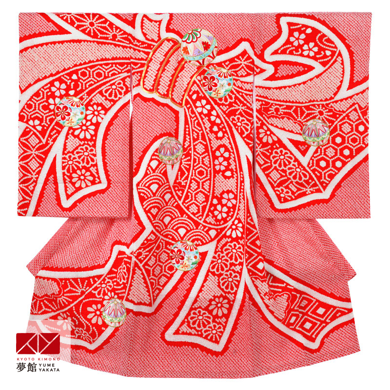産着 お宮参り 着物 レンタル 女の子 総絞り 赤 熨斗束に手毬 初着
