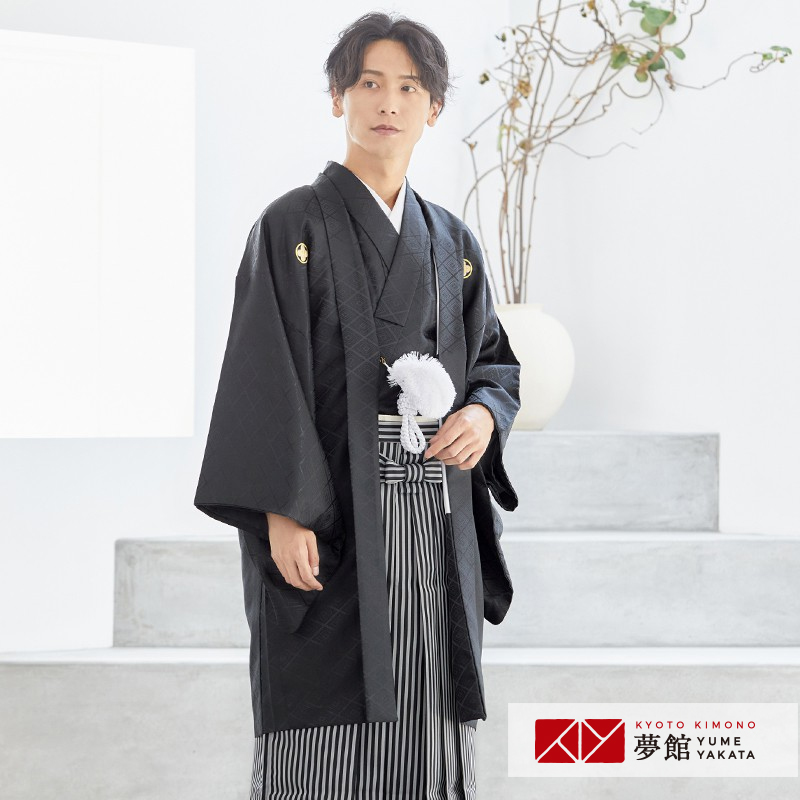 2月〜12月利用 紋付袴 男 レンタル 結婚式 式典 黒紋付×縞袴 卒業式