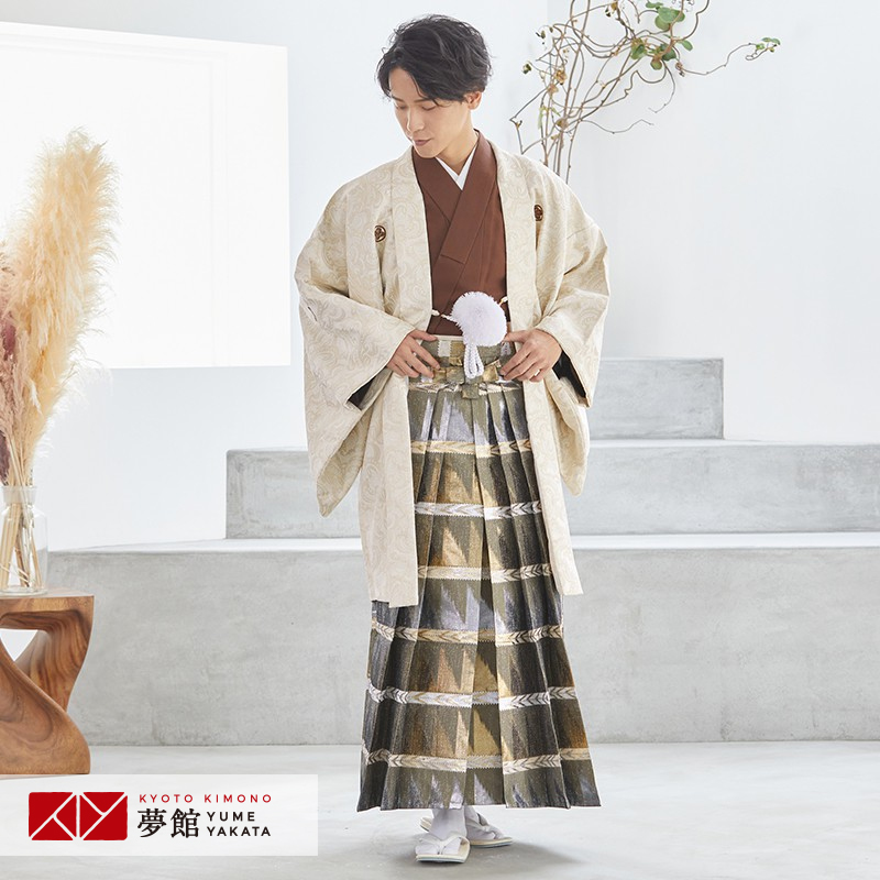 紋付袴 男 レンタル 結婚式 式典 クリーム 金唐草×柄袴 卒業式 羽織袴