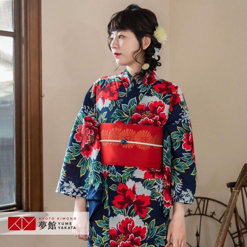 浴衣 レンタル 紺 牡丹 YK040 : 京都着物レンタル夢館 Yahoo!店 - 通販