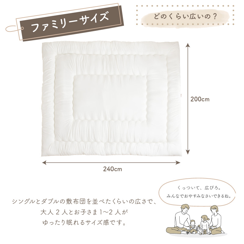 敷布団 ワイドキング 200×200cm 選べる3色 日本製 200×200cm 大きい布団 固綿入 オゾン加工 6つ折り収納_15