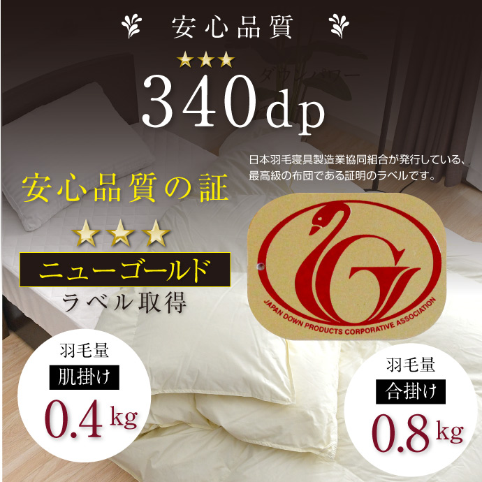 2枚合わせ 羽毛布団 シングル ニューゴールド 白色 日本製 150×210cm 羽毛布団 2枚合せ シングル 約150×210cm ホワイトダックダウン85