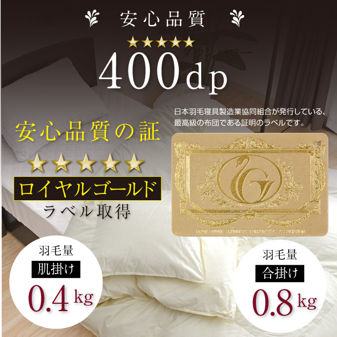 羽毛布団 シングル ハンガリー産ホワイトグース ロイヤルゴールド 日本製 ロイヤルゴールド ハンガリー産グース 羽毛掛布団 シングル 150×210cm