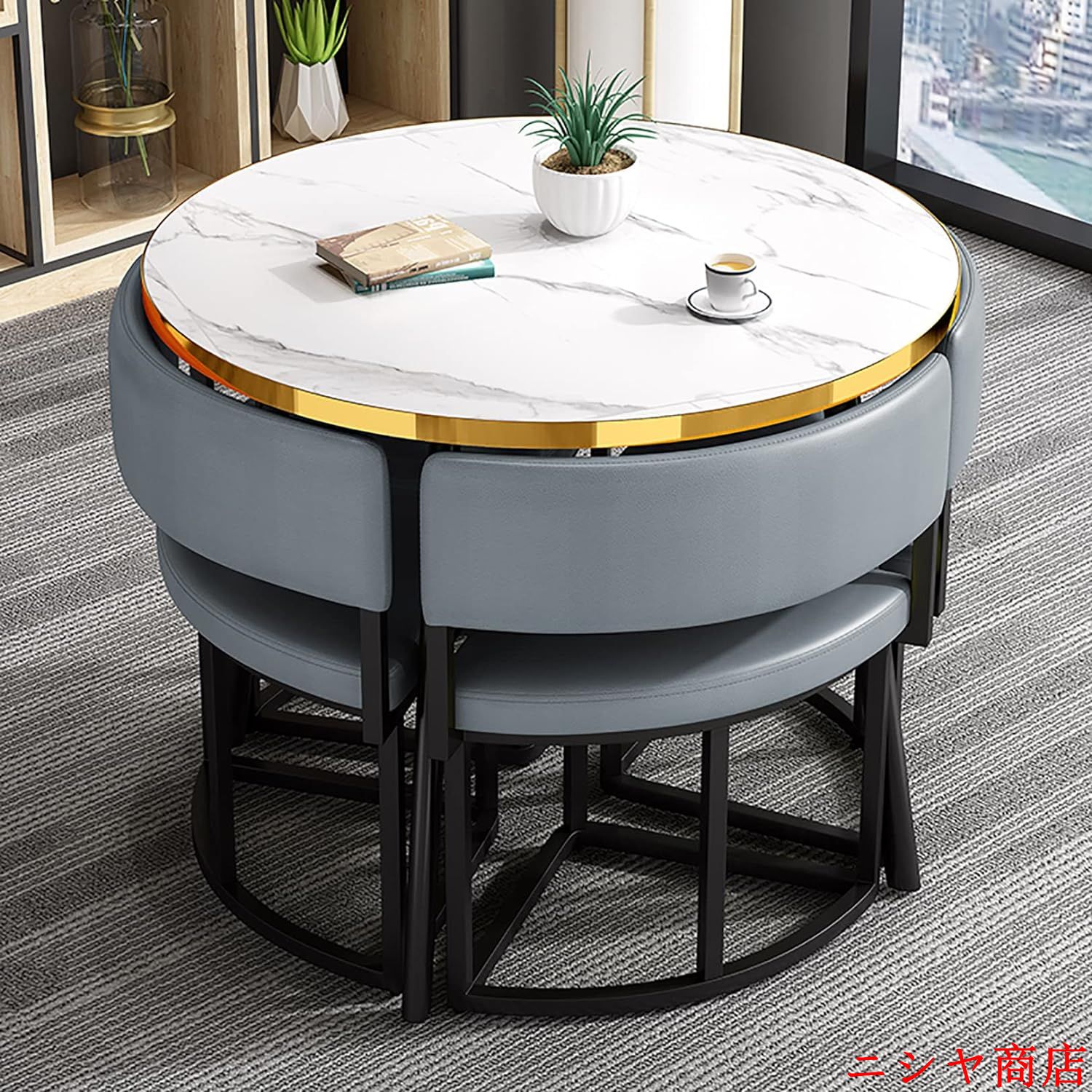 丸テーブルセット4人用 ダイニングセット 食卓セット ダイニングルームとキッチン用 モダンデザインテーブルと椅子セットホームキッチン 4人掛けカフェテーブルの画像