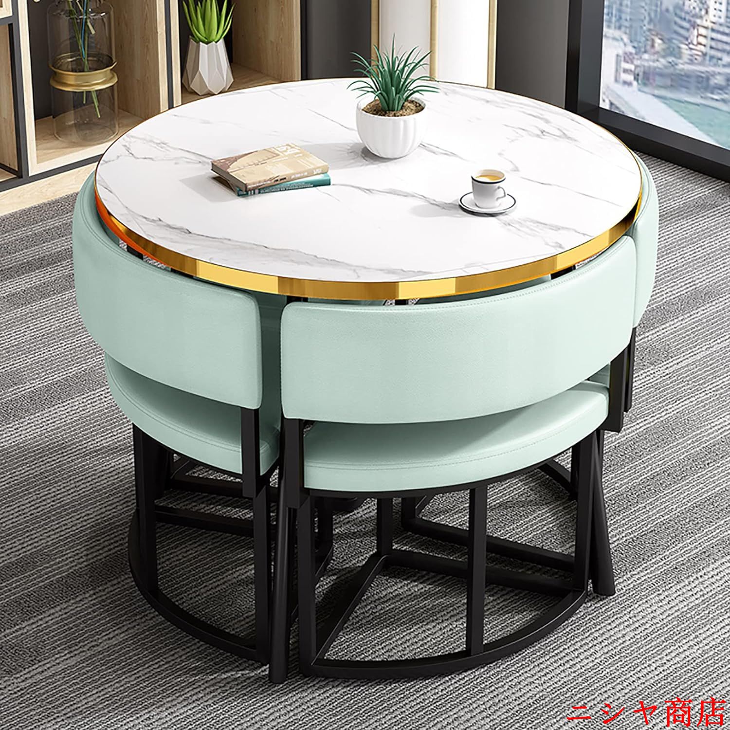 丸テーブルセット4人用 ダイニングセット 食卓セット ダイニングルームとキッチン用 モダンデザインテーブルと椅子セットホームキッチン 4人掛けカフェテーブルの画像