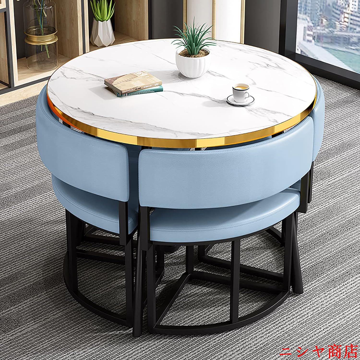 丸テーブルセット4人用 ダイニングセット 食卓セット ダイニングルームとキッチン用 モダンデザインテーブルと椅子セットホームキッチン 4人掛けカフェテーブルの画像