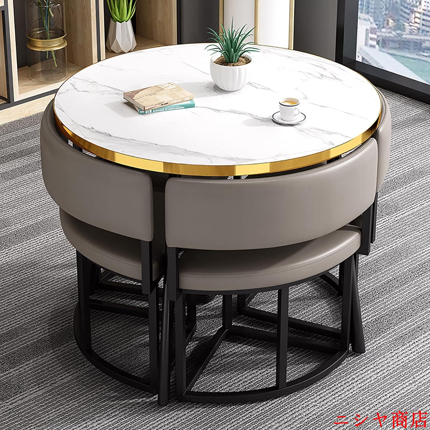 丸テーブルセット4人用 ダイニングセット 食卓セット ダイニングルームとキッチン用 モダンデザインテーブルと椅子セットホームキッチン 4人掛けカフェテーブルの画像