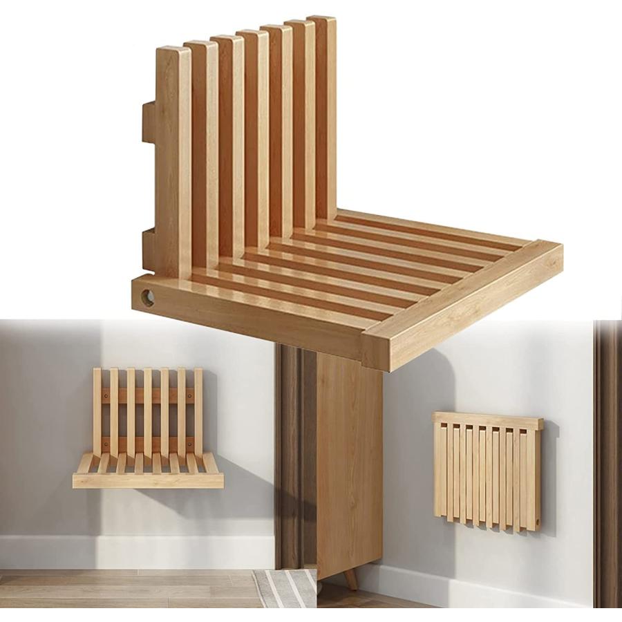 壁掛け式の折りたたみ式スツール シャワーチェア 玄関用折りたたみ椅子，ウォールマウント シャワーチェア 防水 滑り止め、腰掛けベンチ 目に見えない天然木使用