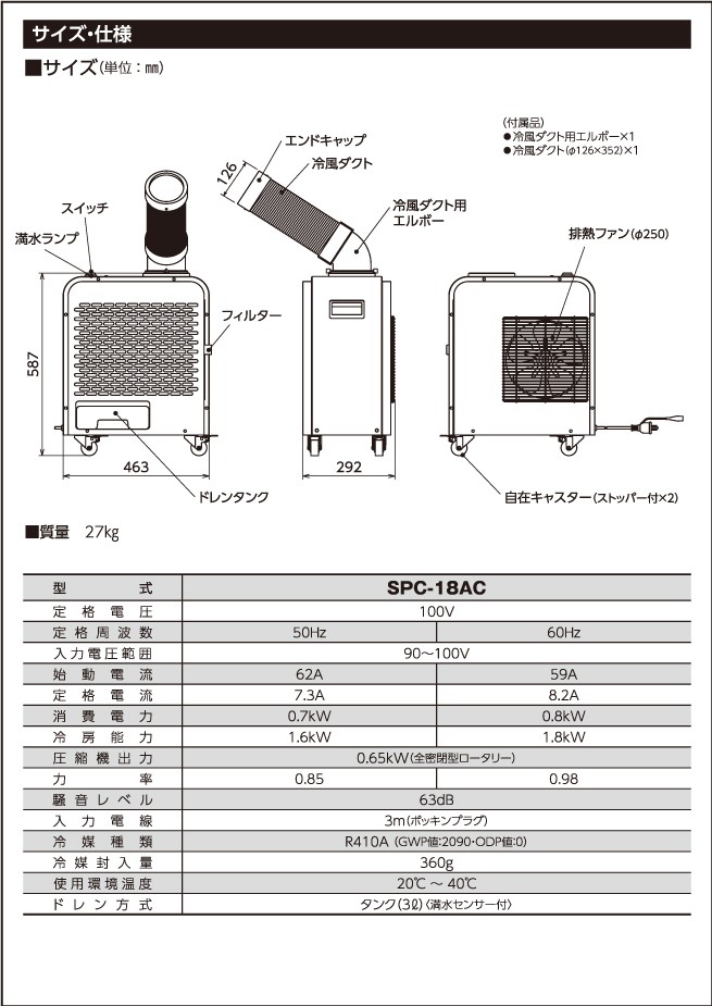 完売 業務用冷風機・小型 50Hz/60Hz兼用 SPC-18AC スポットクーラー 冷房、冷風機