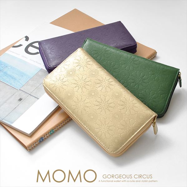 MOMO 牛革型押しラウンドファスナー長財布 背面ポケット付きレディース