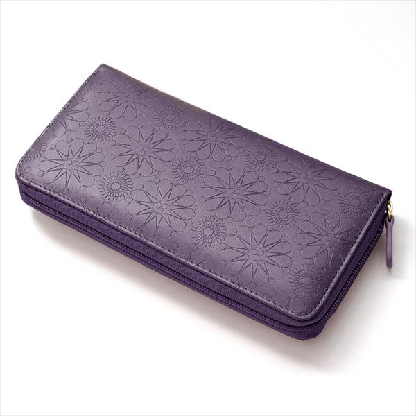 MOMO 牛革型押しラウンドファスナー長財布 背面ポケット付きレディース