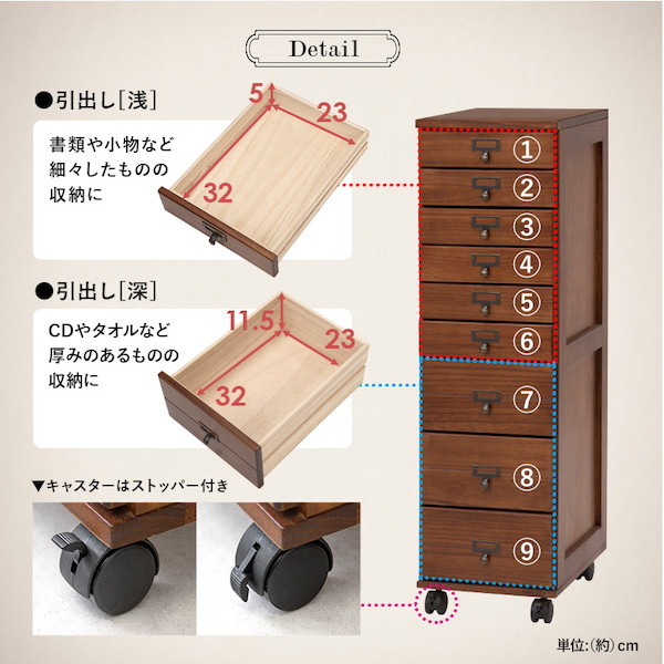 キャスター付き書類チェスト 9段 収納家具 タンス チェスト MCH-6171