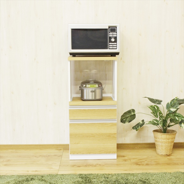 ＼レビューでプレゼント／すぐに使える完成品 コンパクト国産レンジ台 引出しタイプ 木目ナチュラル 収納家具 キッチン収納 レンジボード RB-02Nの画像