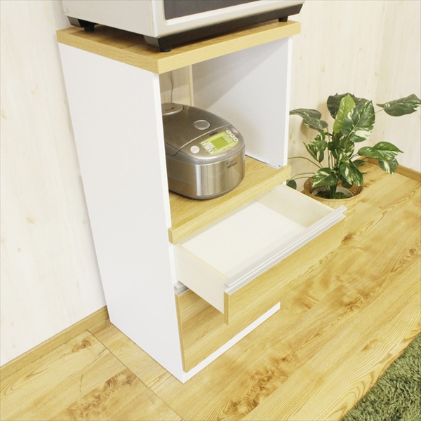 ＼レビューでプレゼント／すぐに使える完成品 コンパクト国産レンジ台 引出しタイプ 木目ナチュラル 収納家具 キッチン収納 レンジボード RB-02Nの画像