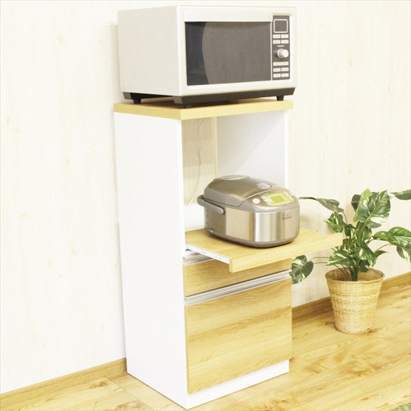 ＼レビューでプレゼント／すぐに使える完成品 コンパクト国産レンジ台 引出しタイプ 木目ナチュラル 収納家具 キッチン収納 レンジボード RB-02Nの画像
