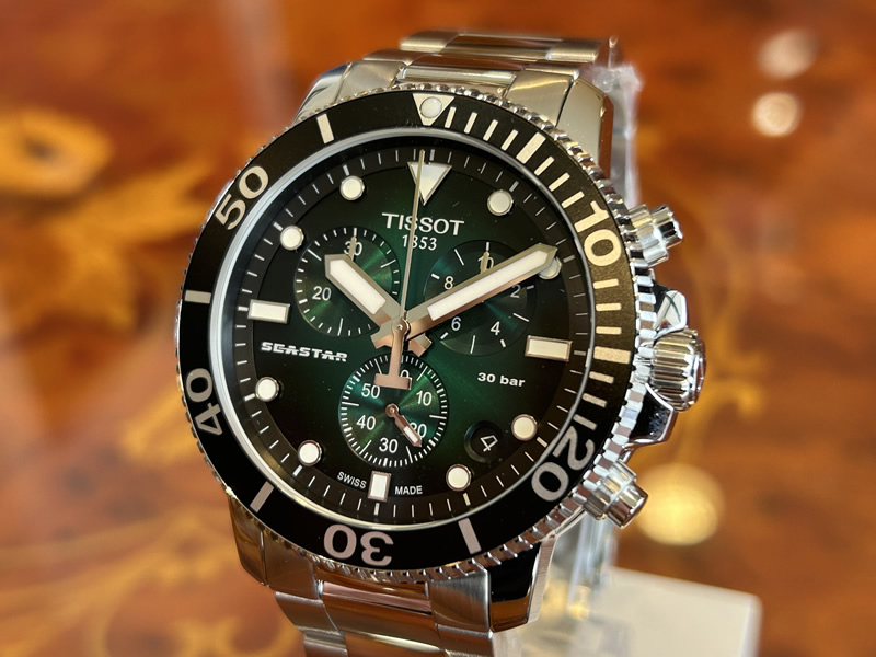 ティソ 腕時計 TISSOT メンズ シースター 1000 クォーツ クロノグラフ グリーン文字盤 ブレスレット T120.417.11.091.01｜yuubido-oyabu｜03