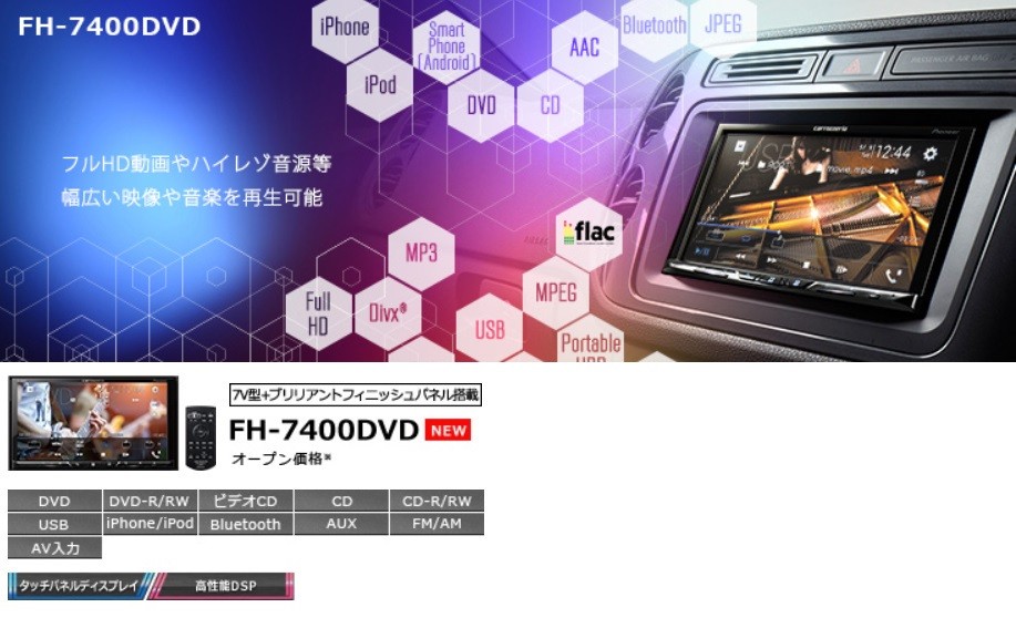 カロッツェリア FH-7400DVD 7V型ワイドVGAモニター/DVD-V/VCD/CD