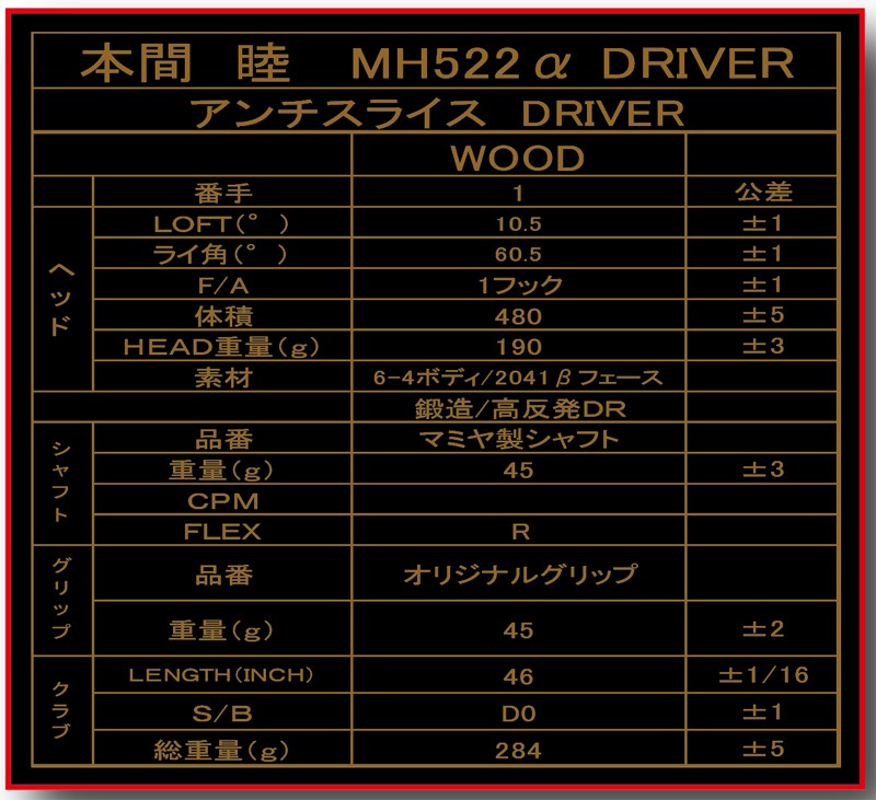 MUTSUMI HONMA ムツミ ホンマ MH522α アンチスライス ドライバー 【高反発】 【マミヤ製シャフト】 【黒】 【金】 【本間睦】