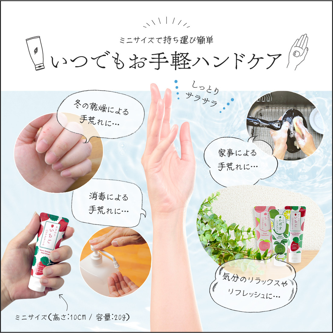 冬の乾燥による手荒れに…消毒による手荒れに…家事による手荒れに…気分のリラックスやリフレッシュに…ミニサイズで持ち運び簡単。いつでもお手軽ハンドケア。