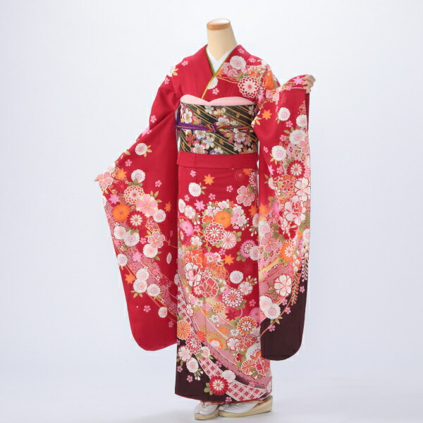京都きもの友禅 振袖 中古 フルセット 成人式 Mサイズ 花柄 赤