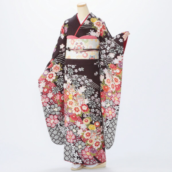 京都きもの友禅 振袖 中古 フルセット 成人式 Lサイズ 古典 茶系 着物
