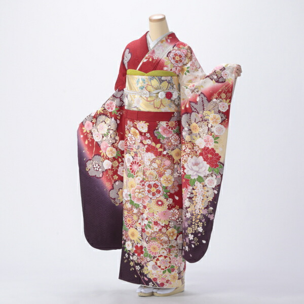 京都きもの友禅 振袖 中古 フルセット 成人式 Lサイズ 花柄 赤・ワイン