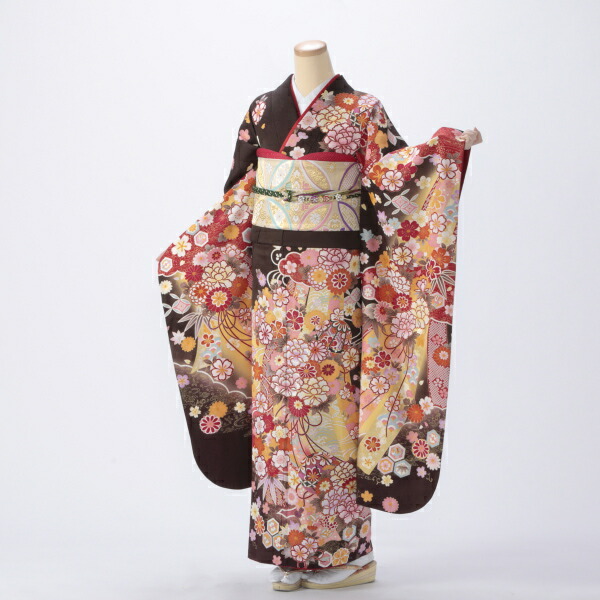 京都きもの友禅 振袖 中古 フルセット 成人式 Mサイズ 古典 茶系